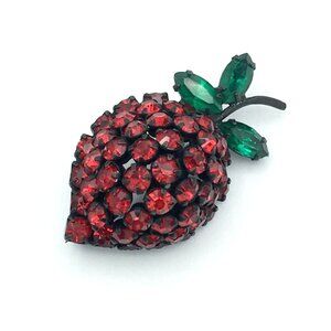 WARNER rhinestone strawberry brooch - vintage red green japanned domed fruit pin
